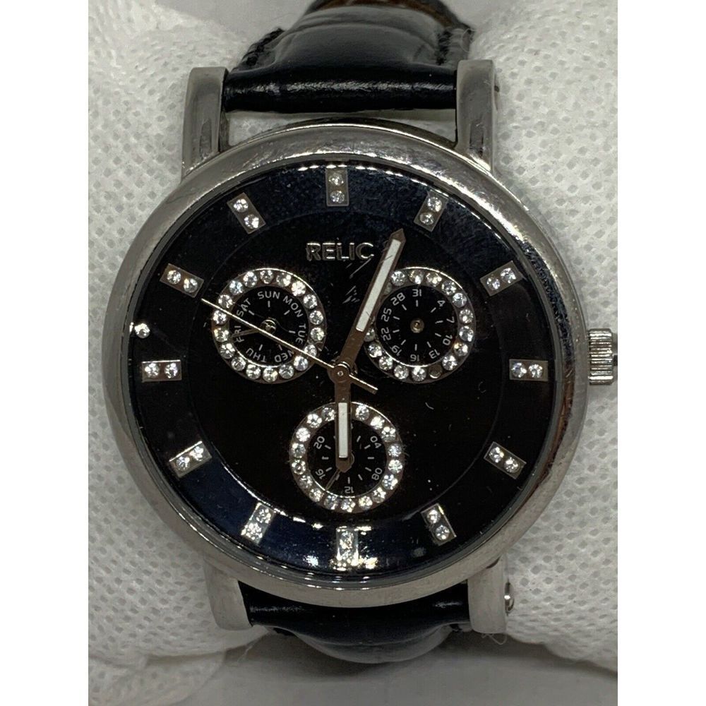 Relic ZR15544 Women's Black Leather Analog Dial Quartz Genuine Wrist Watch Ee29